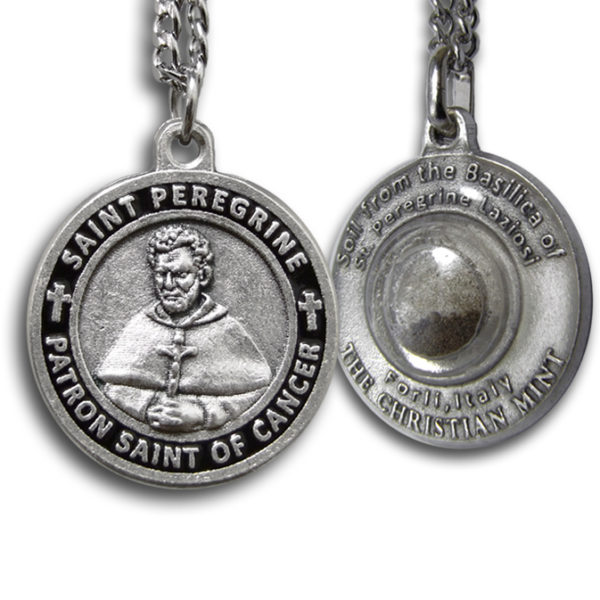 Saint Peregrin Mens 24" Chain Necklace with Sacred Forli Soil - Front & Back View