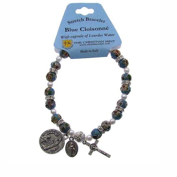 Blue Cloisonne Rosary Stretch Bracelet with Capsule of Lourdes Water
