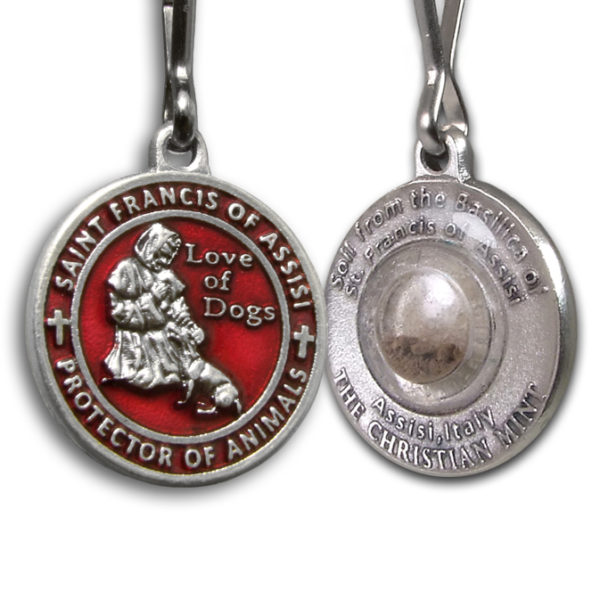 Saint Francis Red Enameled Dog Medal with Assisi Soil